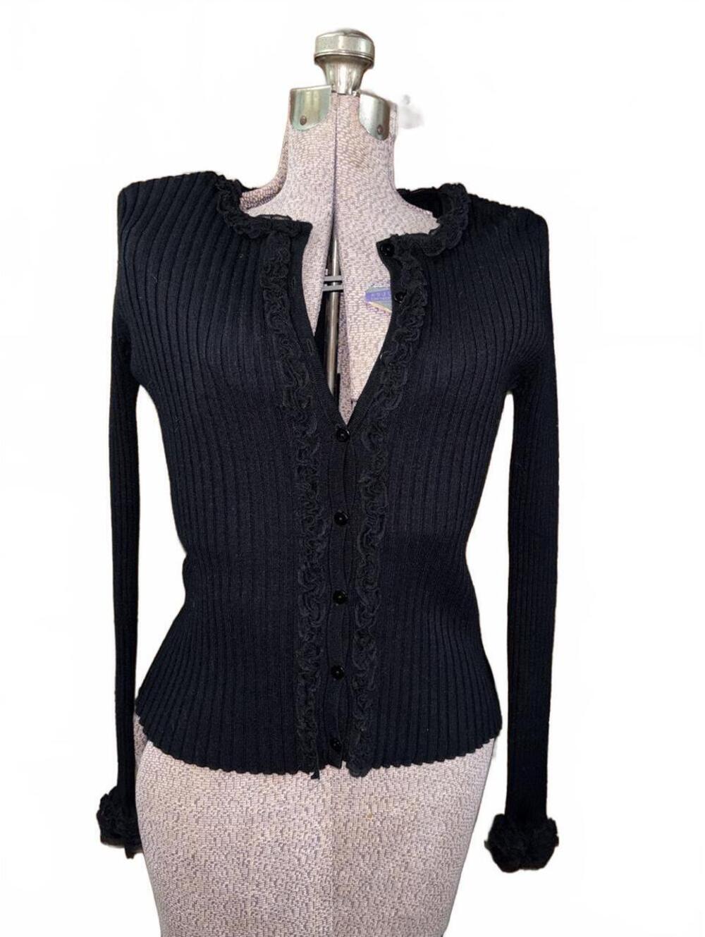 Y2K WD NY Black Form Fitting button up cardigan featuring ruffled detailing